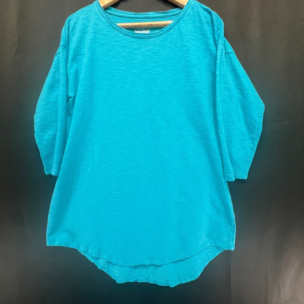 Chicos The Ultimate Tee Teal Blue Slub Knit 3/4 Sleeve Top High Low Hem Size 1 M